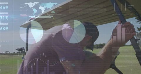 Man Taking a Break on Golf Cart with Analytical Overlay