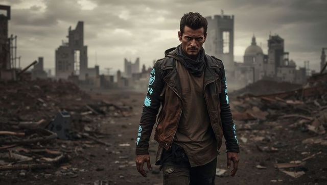 Man in urban wasteland with neon-symbol adorned vest