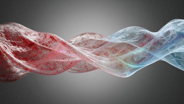 Translucent braided red and blue fluid ribbons twisting with fibrous glints on subtle gray