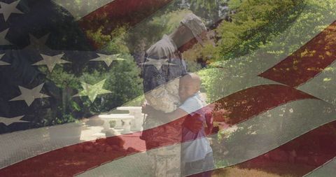 Father in Military Uniform Embracing Son with American Flag Overlay
