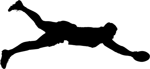 Transparent silhouette of rugby player diving with ball