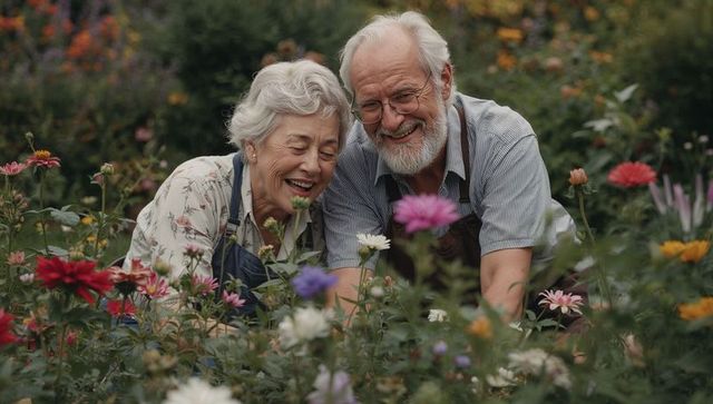 Senior couple tending vibrant backyard flower garden, smiling and enjoying gardening