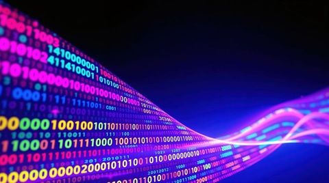 Flowing neon binary ribbon in digital blue space