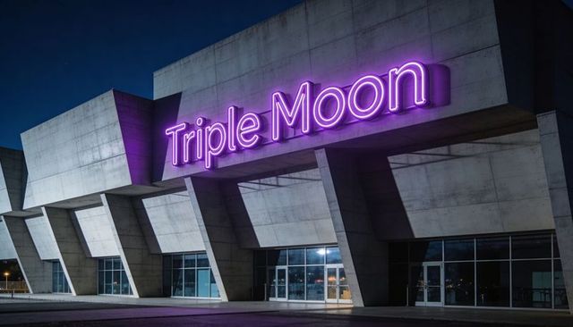 Purple neon triple moon sign illuminating monolithic brutalist concrete facade at night urban plaza