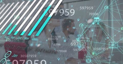 Diverse Business Team Engaged with Digital Network Data Overlay