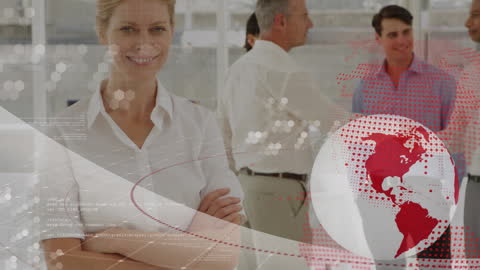 Businesswoman Covering Futuristic Data Background and Globe