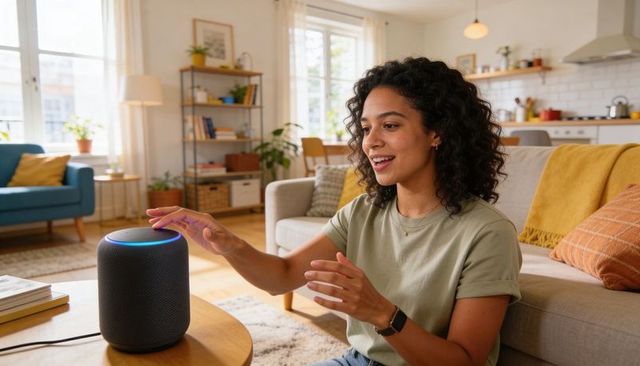 Talking to smart speaker, woman using voice assistant in cozy sunlit living room