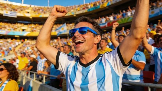 Cheering argentina soccer fan raising arms wearing blue white jersey sunglasses in stadium