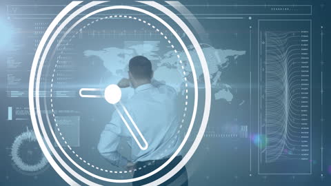 Businessman Analyzing Futuristic Data Interface with Clock Overlay