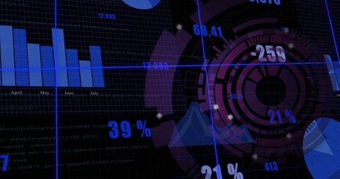 Neon Holographic Data Dashboard Displaying Circular HUD and Bar Chart Analytics Interface
