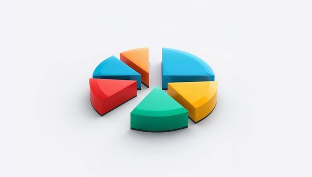Displaying 3d colorful pie chart with six glossy segments on clean white backdrop for data
