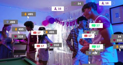Neon birthday party with social media notifications overlay, young adults mingling at pool table