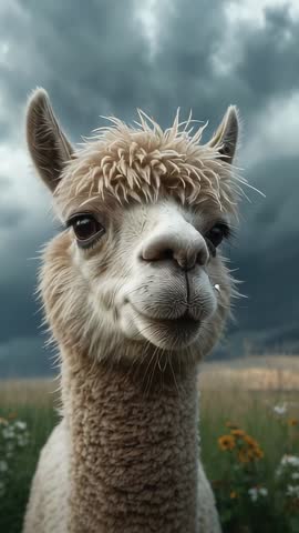 Alpaca Facing Storm Clouds Tilting Head and Pivoting Ears in Wildflower Meadow Vertical Video