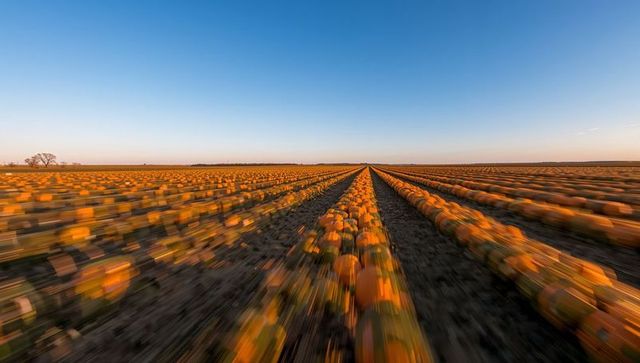 Sunlit pumpkin rows stretching to horizon with motion blur and dramatic leading lines