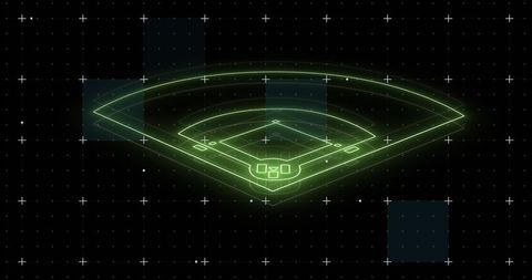 Floating neon-green baseball diamond hologram within futuristic wireframe grid interface