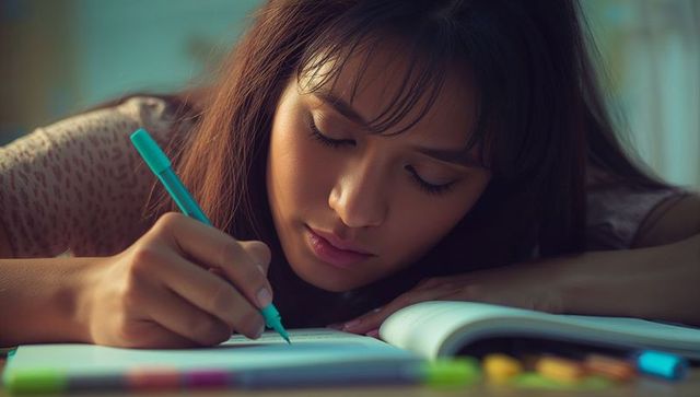 Focused Student Diligently Writing in Cozy Study Environment