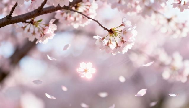 Delicate Pink Cherry Blossom Cluster with Falling Petals and Soft Bokeh Glow, Spring