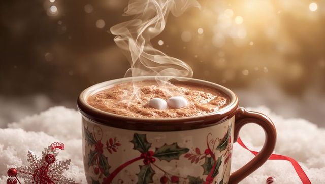 Steaming holiday cocoa with marshmallows in holly mug on snowy tabletop with warm bokeh