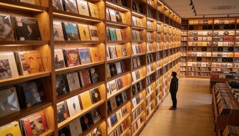 Browsing vinyl record store, towering wooden shelves housing lps under warm ambient lighting