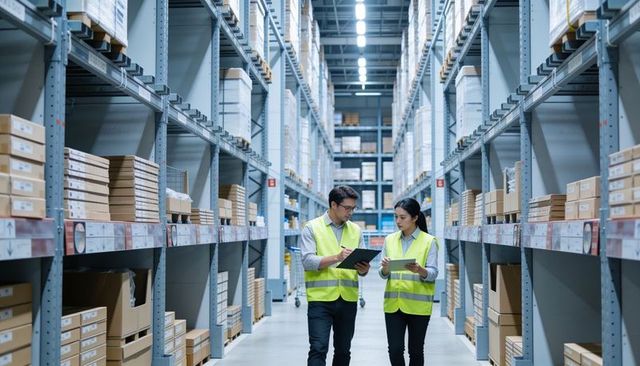 Two warehouse workers conducting inventory check with tablet and clipboard in distribution center