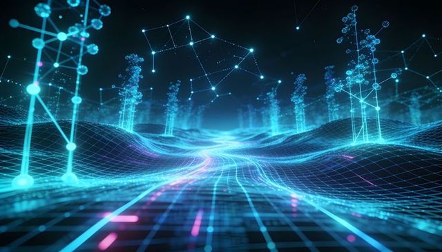 Neon data highway flowing through wireframe landscape, glowing node-trees, network grid