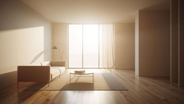Minimalist living room with sunlit sofa by large windows