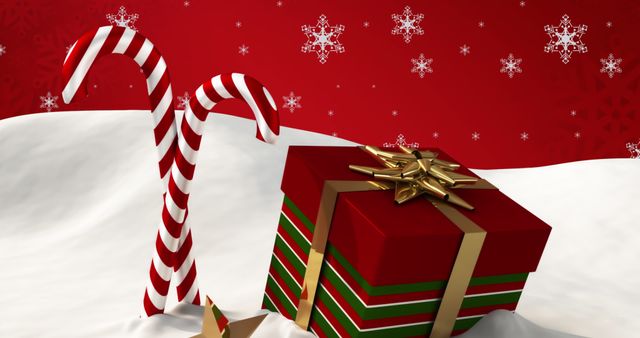 Festive Christmas Gift and Candy Canes with Falling Snowflakes - Download Free Stock Images Pikwizard.com