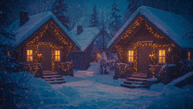 Snowy Cabins Illuminated with Festive Lights During Winter Night