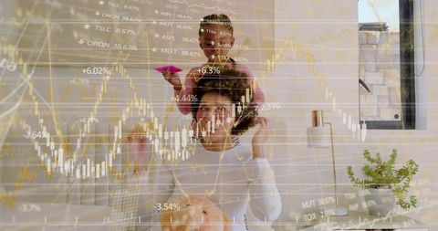Multitasking parent and child at home with stock market chart overlay conveying finance and family