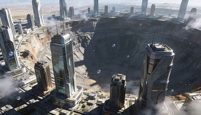 Futuristic megacity encircling giant crater with tower rim, glass towers, drone traffic