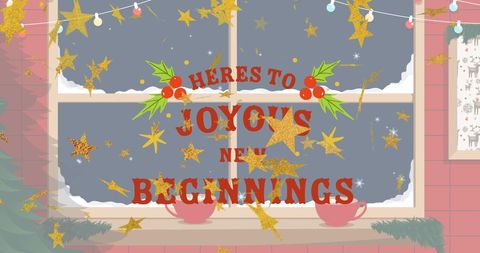 Christmas and New Year's Greetings Over Decorated Window