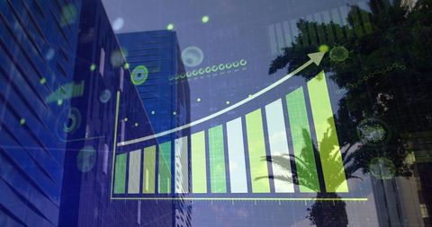 Rising Graph with Virus Cells Overlay on Cityscape Background