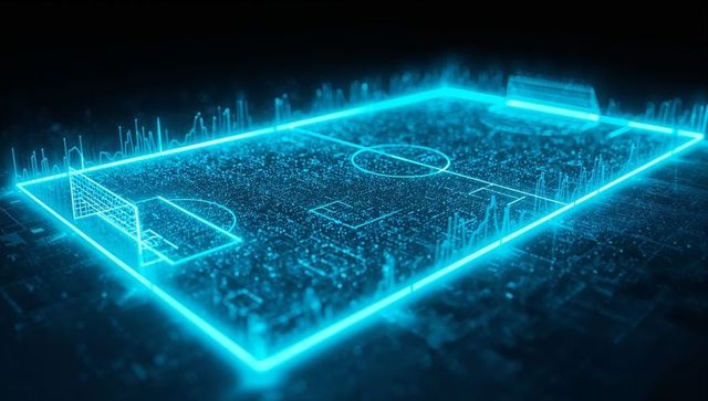 Holographic soccer pitch projecting neon cyan data visualization with wireframe goals