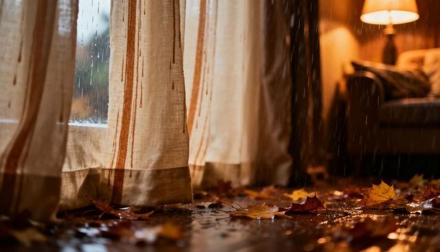 Dripping linen curtains over wet hardwood floor with autumn leaves and cozy lamp glow