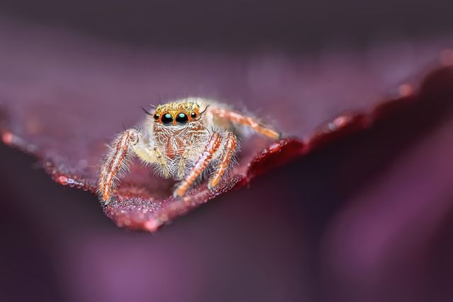 Macro image showing a jumping spider perched on a red petal, highlighting intricate details. Useful for educational content about arthropods, wildlife photography, entomology studies, and nature-themed backgrounds.