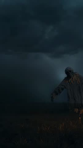 Swaying scarecrow looming under gathering storm clouds over rural field vertical video