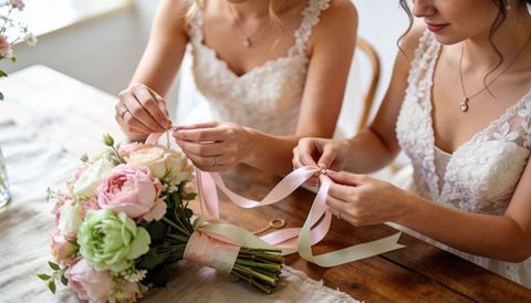 Two bridesmaids tying pastel ribbons to bridal bouquet during wedding preparation