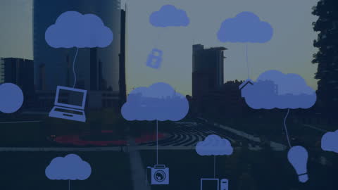 Animated Social Media Icons on Urban Cityscape Background