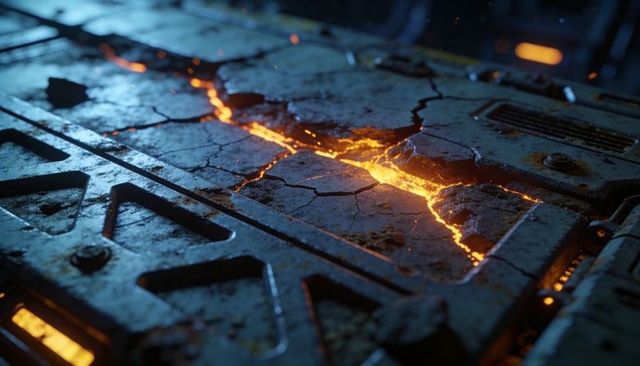 Revealing cracking metal panel with molten fissure, ember glow and industrial rust textures