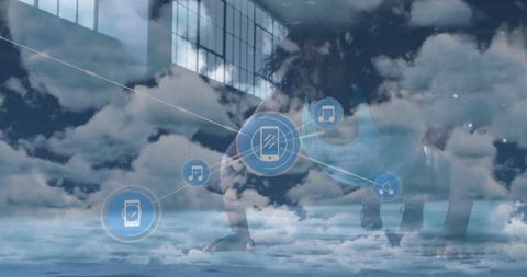 Digital networking concept with clouds and technology icons