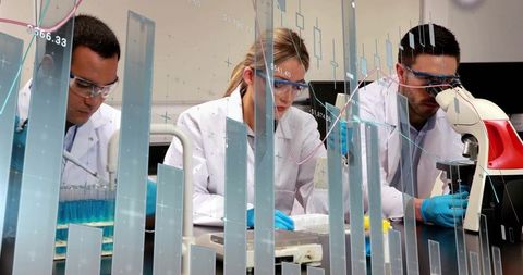 Laboratory team conducting precise pipetting and microscopy with data visuals