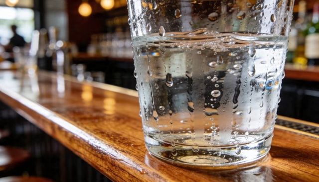 Glinting tumbler reflecting light on polished wood bar with condensation droplets