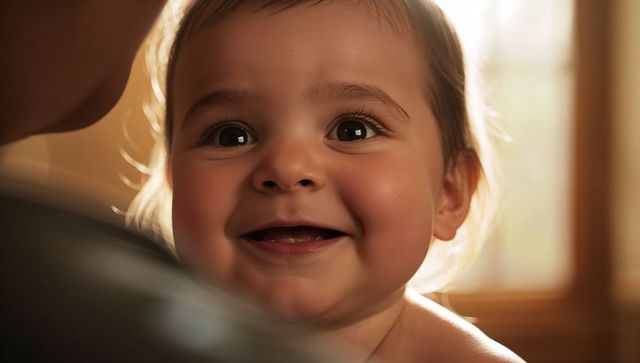 Smiling infant gazing at parent beside sunlit wooden window, warm backlit closeup portrait