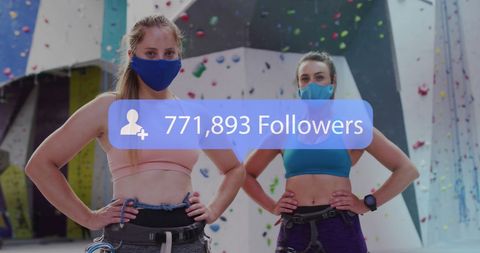 Women Climbing with Masks Showcasing Social Media Popularity