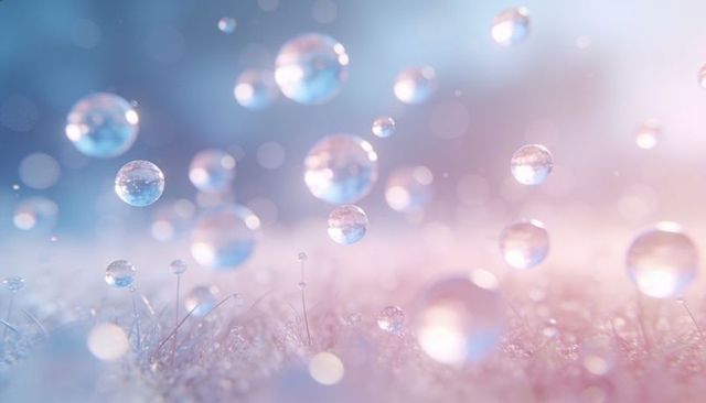 Pastel dew droplets floating over soft moss with sparkling bokeh and ethereal light
