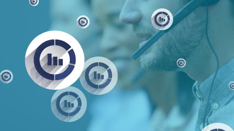 Customer Service Team with Digital Interface and Communication Icons