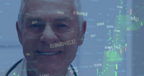 Doctor Analyzing Digital Candlestick Chart Data in Modern Office