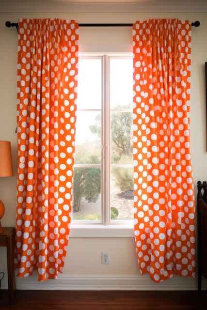 Orange curtains with white dots hanging in room with window, created using generative ai technology. Interior design, home decor and fabric concept digitally generated image.