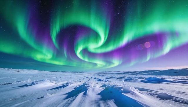Swirling northern lights forming green purple spiral over frozen arctic plain at night