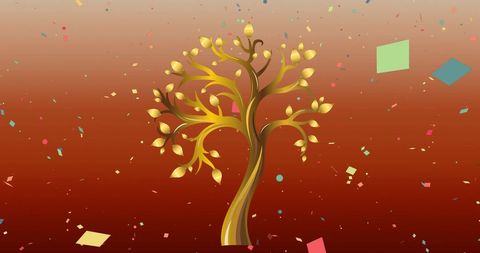 Golden Tree Surrounded by Colorful Confetti on Red